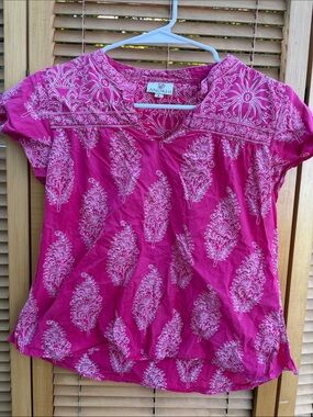 Anokhi Women's Fuchsia Printed Short Sleeve Tunic